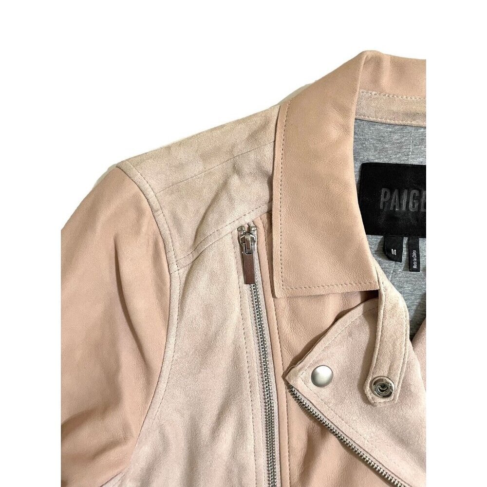 Paige Silvie Leather Moto Jacket Cropped Trim Pink Suede Leather Sz M - Picture 11 of 16